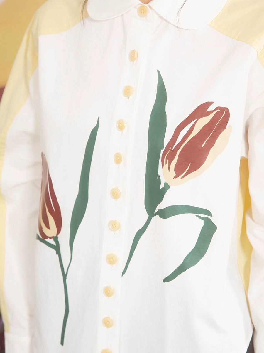 Hand-Painted Tulip: Doll Neck White Shirt