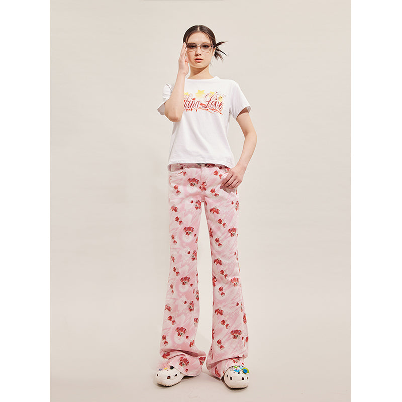 Strawberry Printed Denim Flare Pants