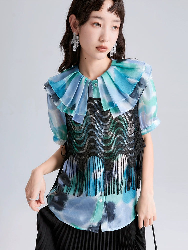 Original Design Sea Salt Bubble Water Translucent Print Double Layer Doll Neck Short Sleeve Shirt for Women