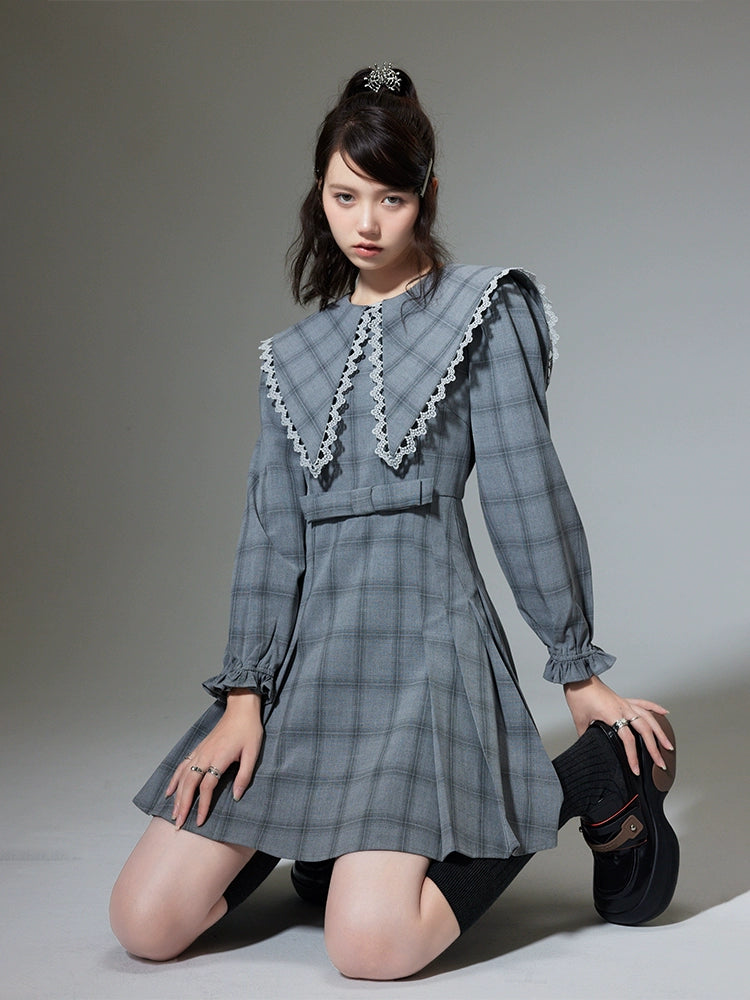 Pleated Plaid - Large Lapel Dress