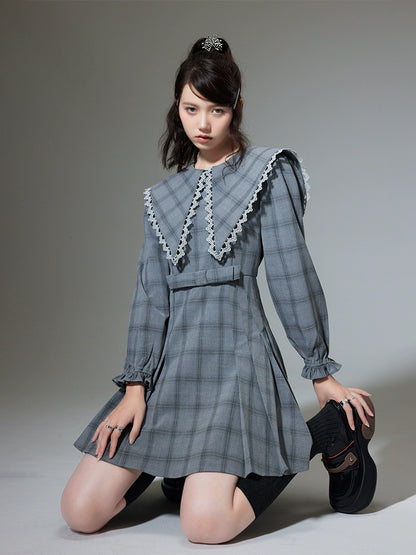 Pleated Plaid - Large Lapel Dress