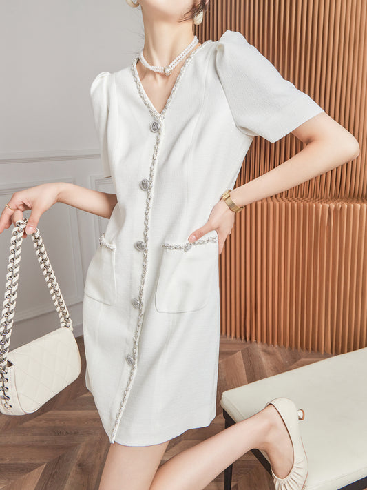 Light Luxury French White V-Neck Dress