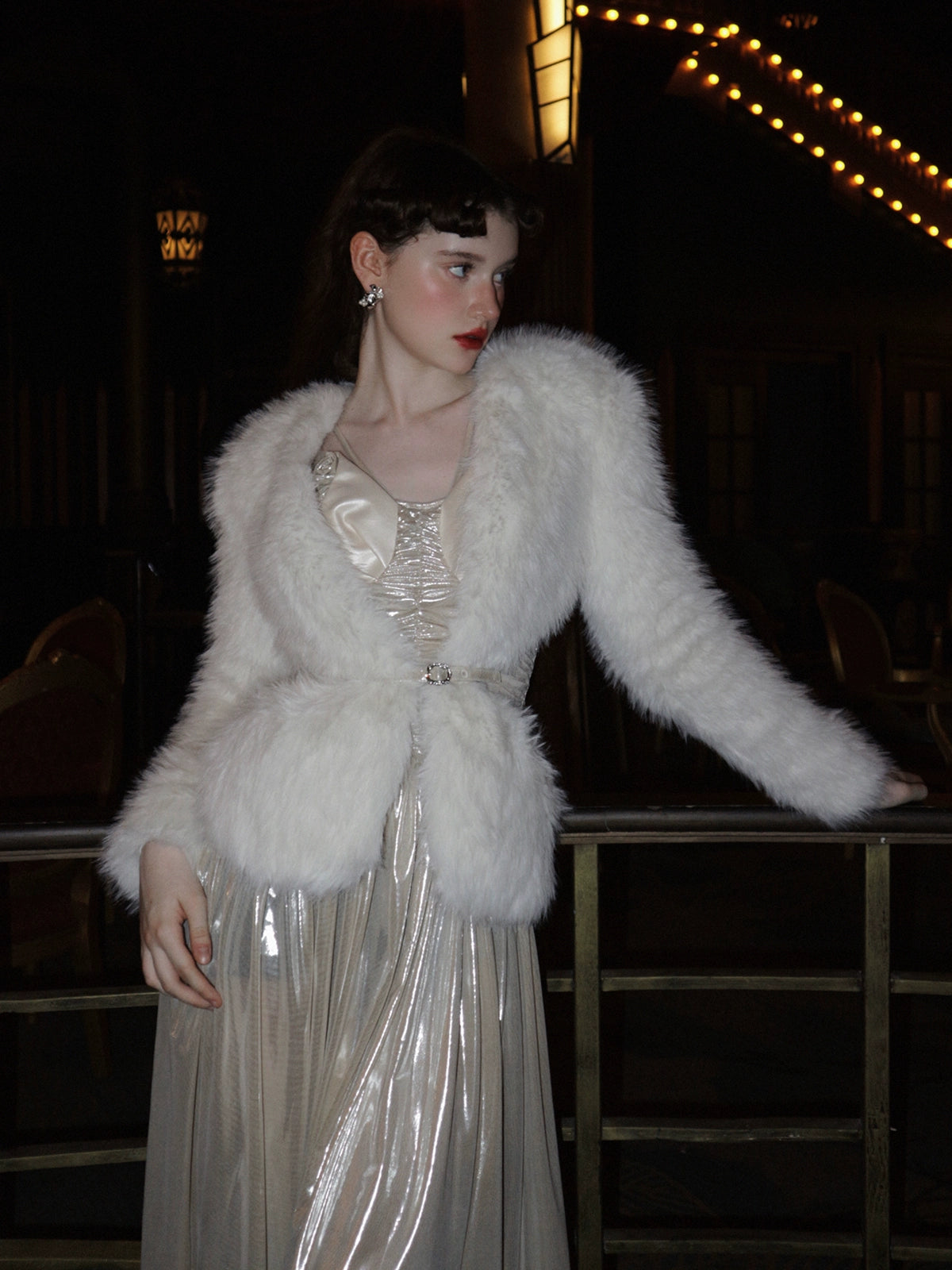 White Antique Faux Fur Thermal Jacket with Gold Belt Detail