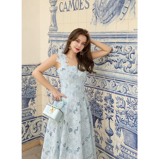 Lakeside Blue Lace Hollow Suspended Dress
