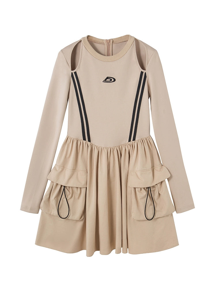 Retro Khaki - Embroidered Short Skirt Dress