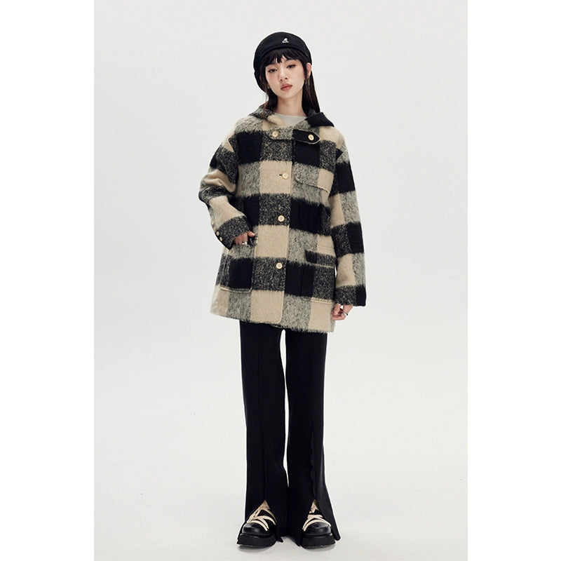 Retro Plaid - Hooded Long Woolen Coat