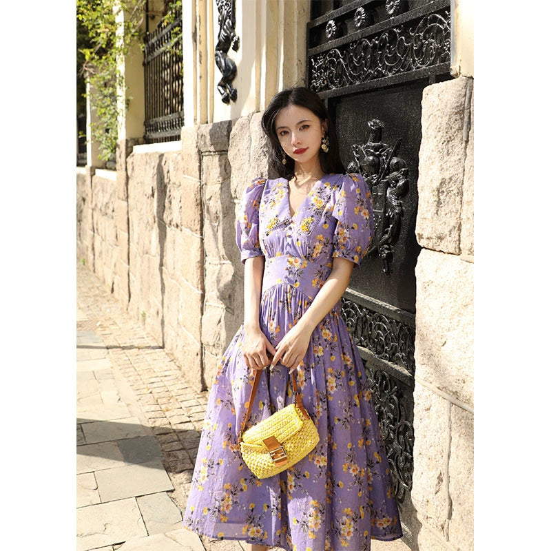 Purple Tone Yellow Vintage V-Neck Waist Dress