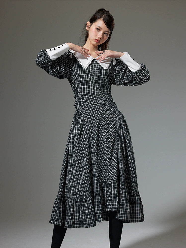 Retro Plaid - Large Lapel Long Dress