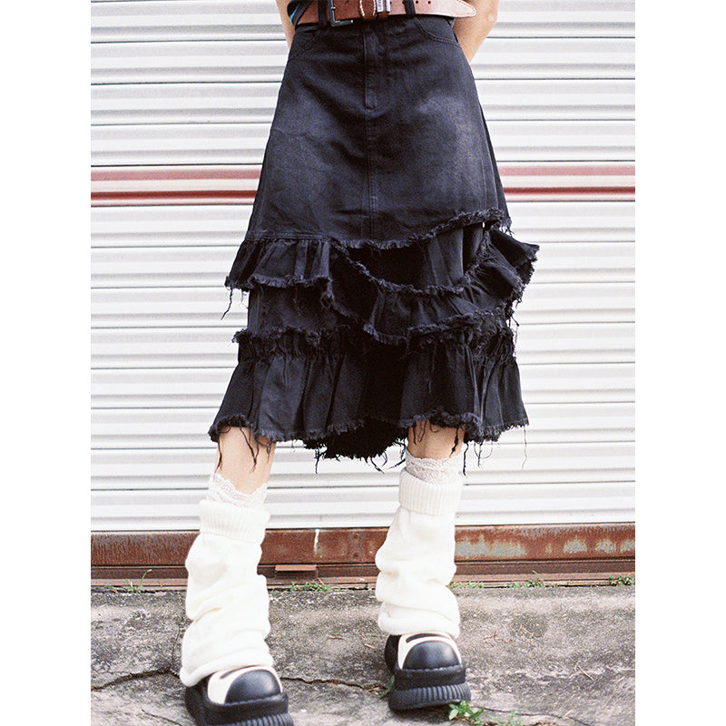 RUFFERED DENIM SKIRT