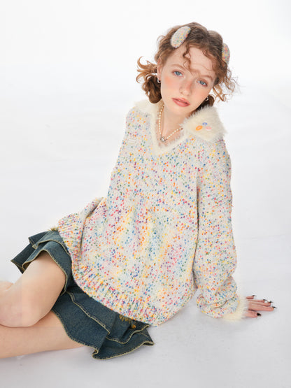 Gentle and Lazy Rainbow Particle Polo V-Neck Sweater - Autumn/Winter