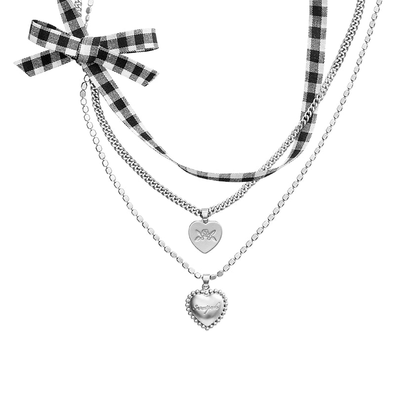 Heart Bow Plaid Necklace