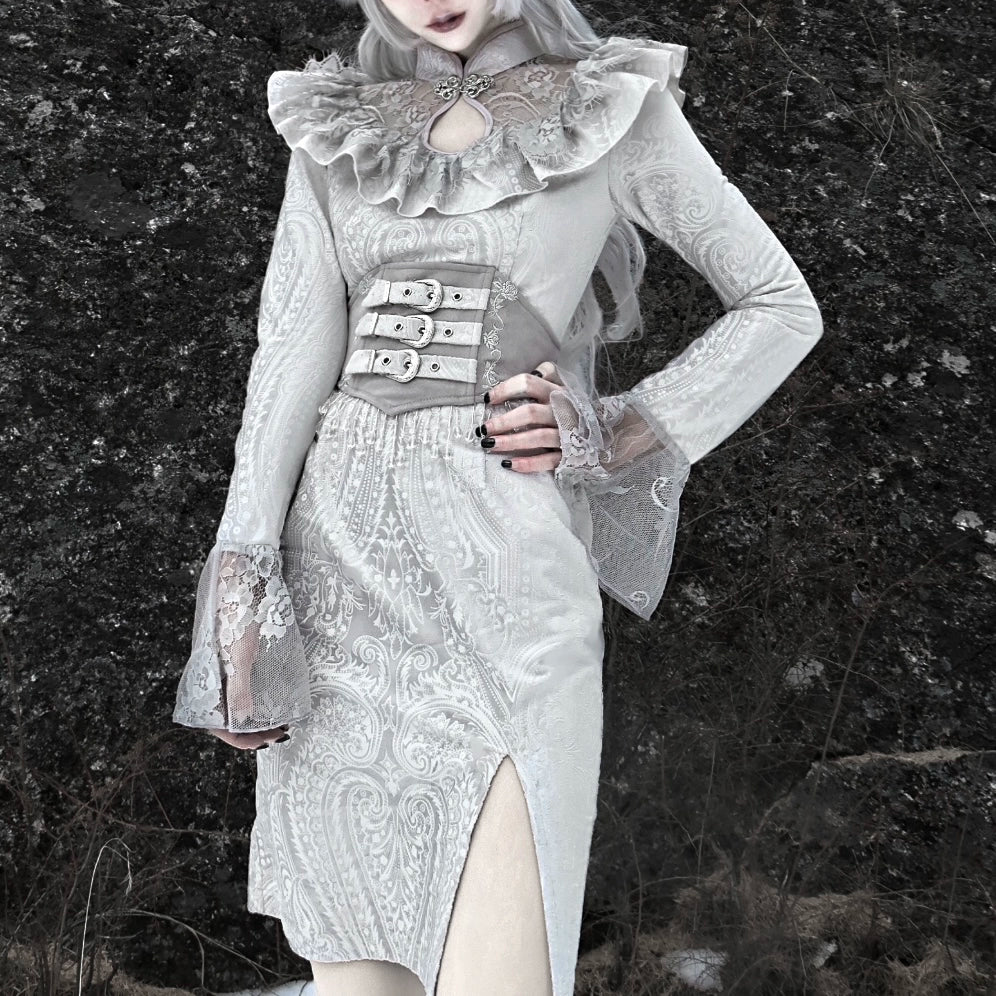 Gothic White Lace Velvet Split Dress