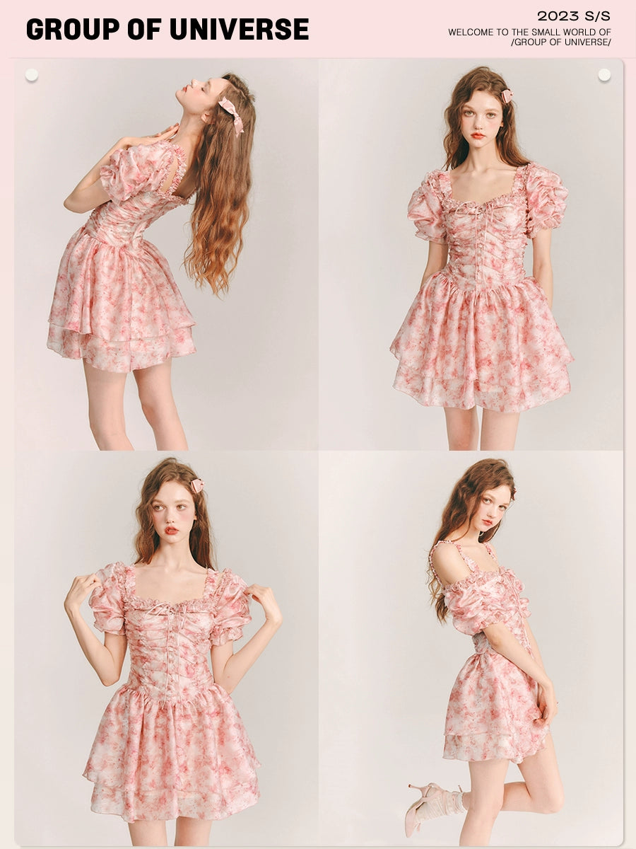 Organza Ice Rose - Sweet Print Pleated Sleeve Dress