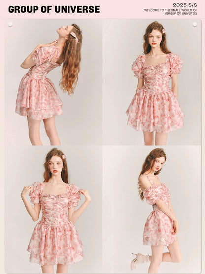 Organza Ice Rose - Sweet Print Pleated Sleeve Dress