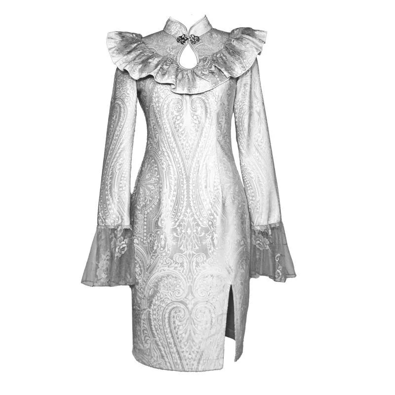 Gothic White Lace Velvet Split Dress -Elegant and Mysterious Costume –  Serendute