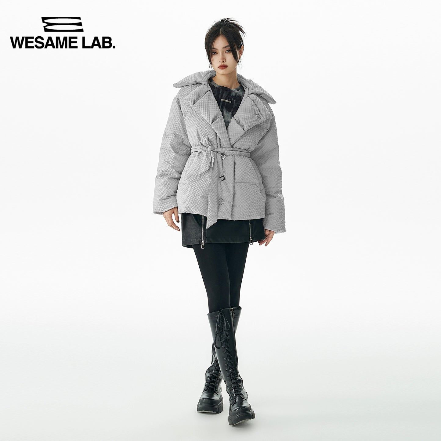 Unique Texture Fashion Lace Up Waist Rollover Collar Down Coat