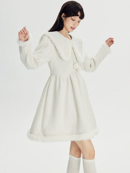 Beige A-line - Flip Collar Winter Dress