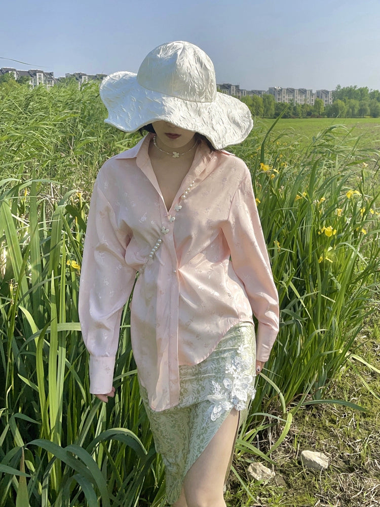 "Niuqinni"Fairy Cherry Blossom 핑크 불규칙한 셔츠의 오리지널 디자인, 얇은 여름 태양 보호 느슨한 피팅 셔츠