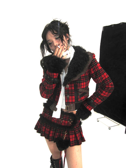 Red and Black Plaid Fleece Collar Thickened Coat Set