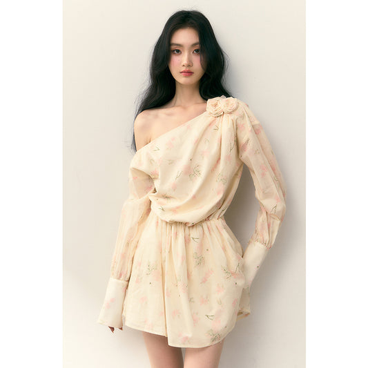 Off White Pink Shoulder Elastic Dress