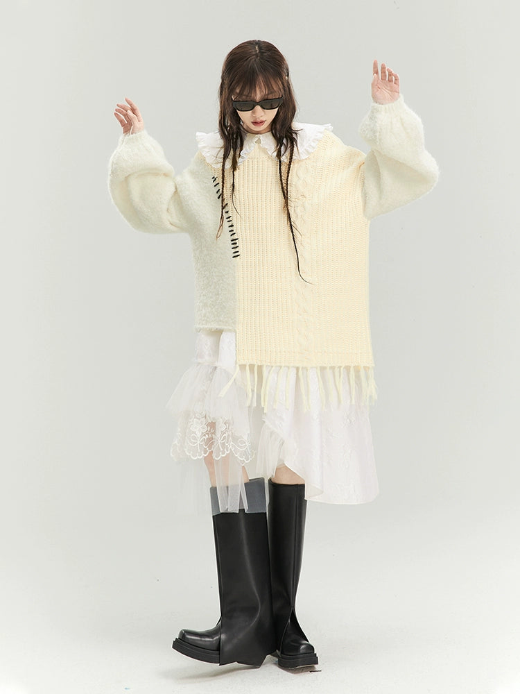 Cheese Cream - Tassel Spliced Sweater