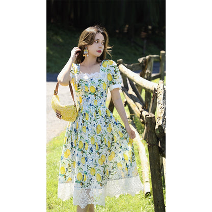 Green Grass and Yellow Lemon Cotton Wrap Dress