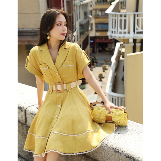 Yellow Temperament Loose Linen Shirt Dress