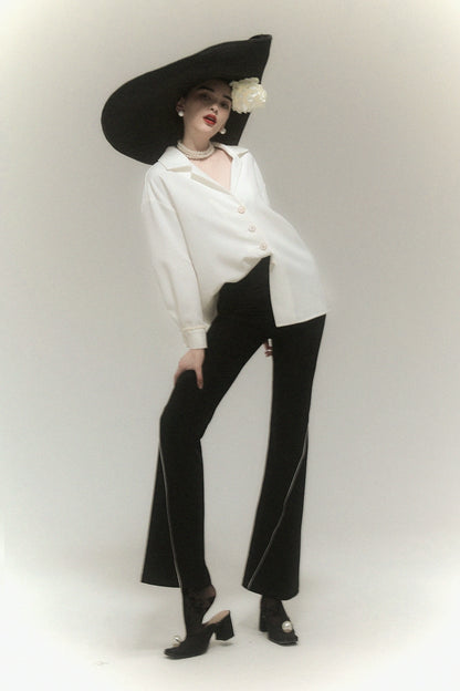 White Contrast Flare Pants
