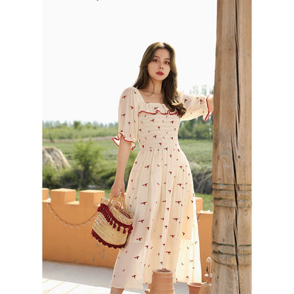 Wild Rose Embroidered Square Neck Dress