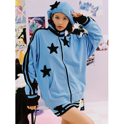 Blue Contrast Sweater Coat with Five Point Star Decoration