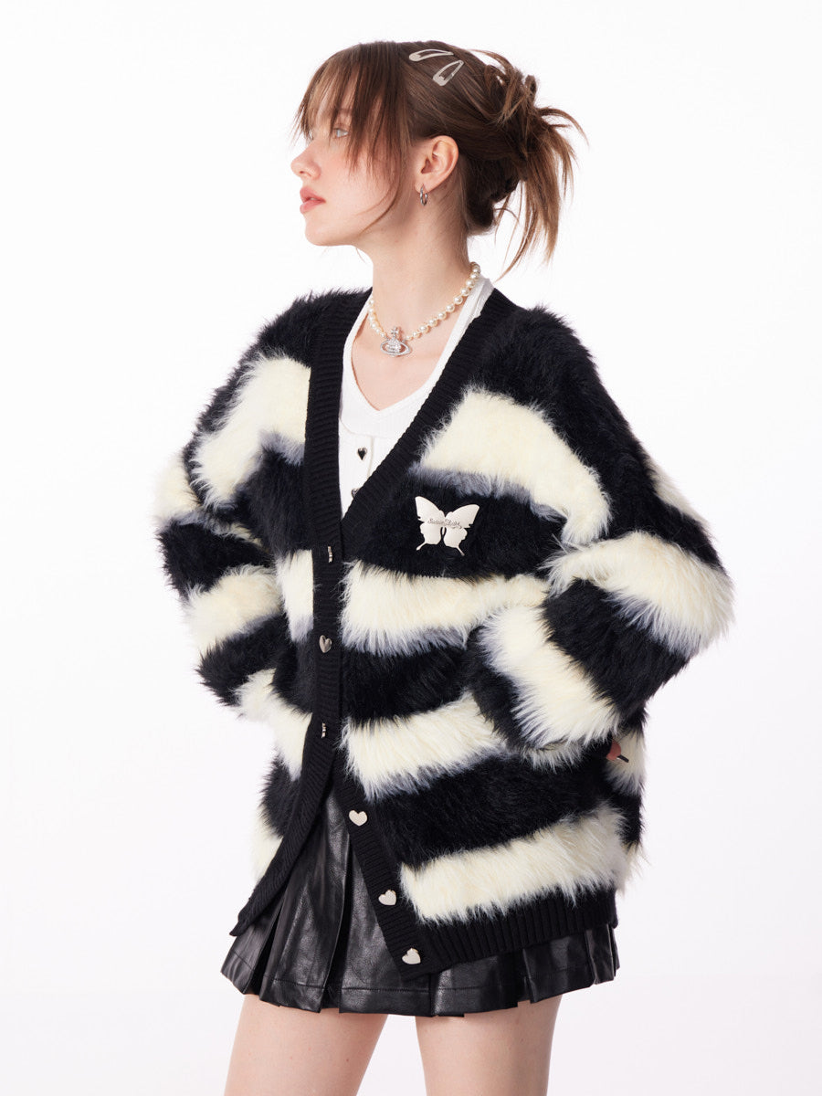 Black and White Stripes Glutinous Cardigan - Design Sense