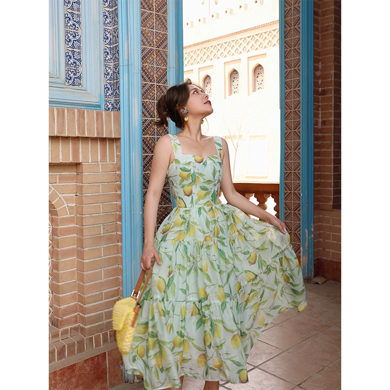 Lemon Vanilla Slim Waist Strap Long Dress