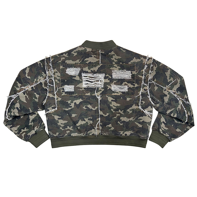 camouflage distressed detail large silhouette denim baseball jersey