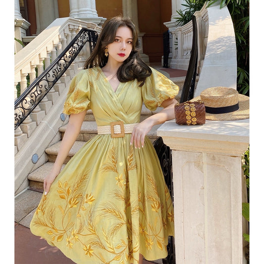 Golden Ears Heavy 3D Embroidery Linen Dress