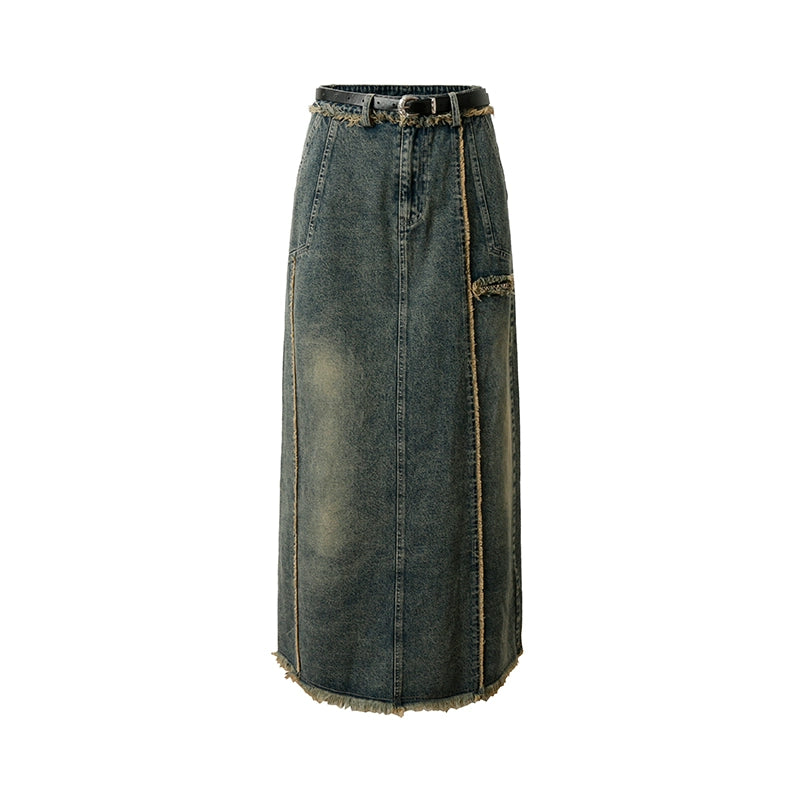 Retro Fur Edge Split Washed Denim Long Skirt