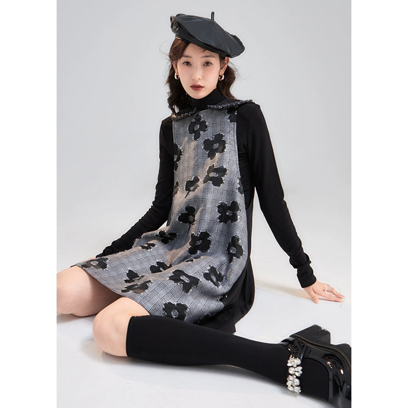 Original niche design petal rain detachable lace collar pleated patchwork vest dress