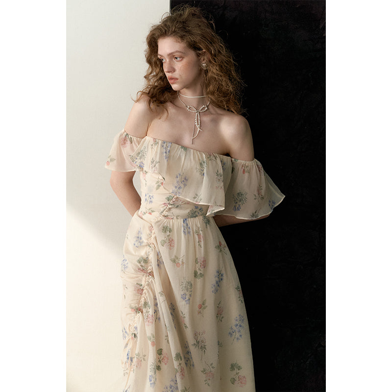 Chiffon Off Shoulder Drawstring Dress