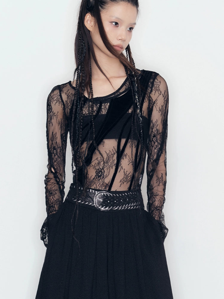 Moon Mark Arc Top with Lace Hollow Out Skirt