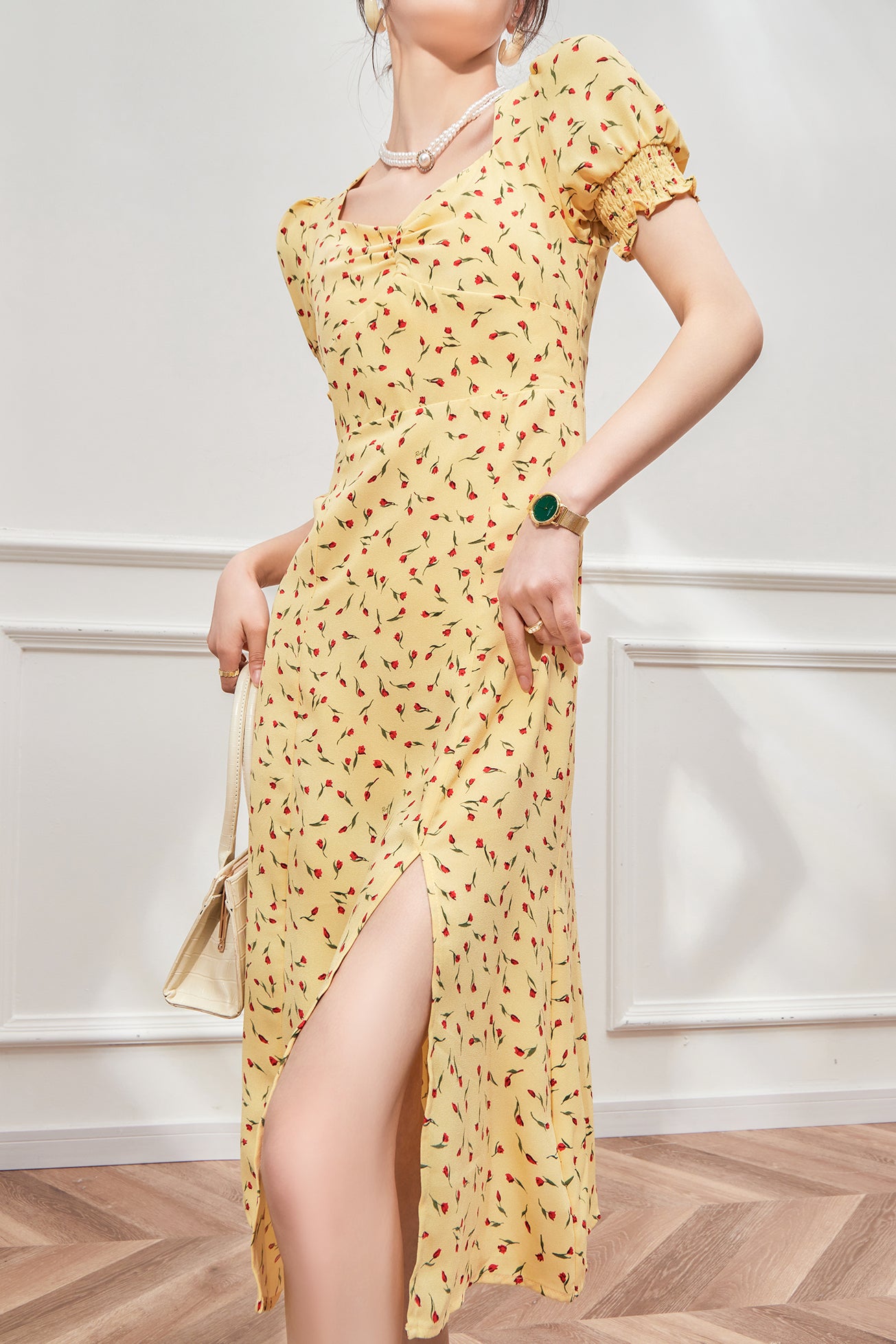 Yellow Square Neck Floral Dress