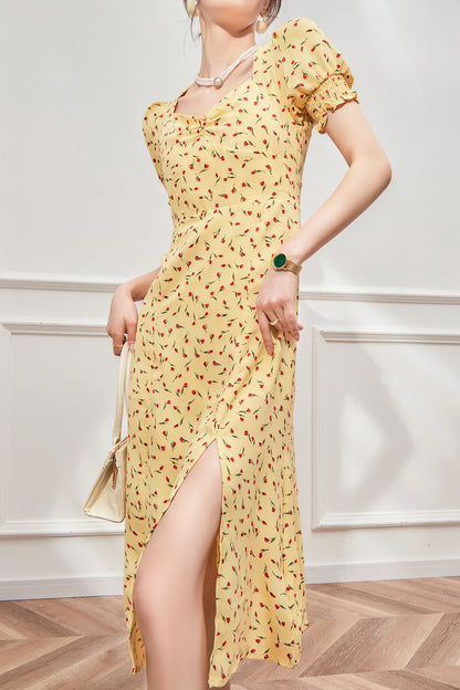 Yellow Square Neck Floral Dress