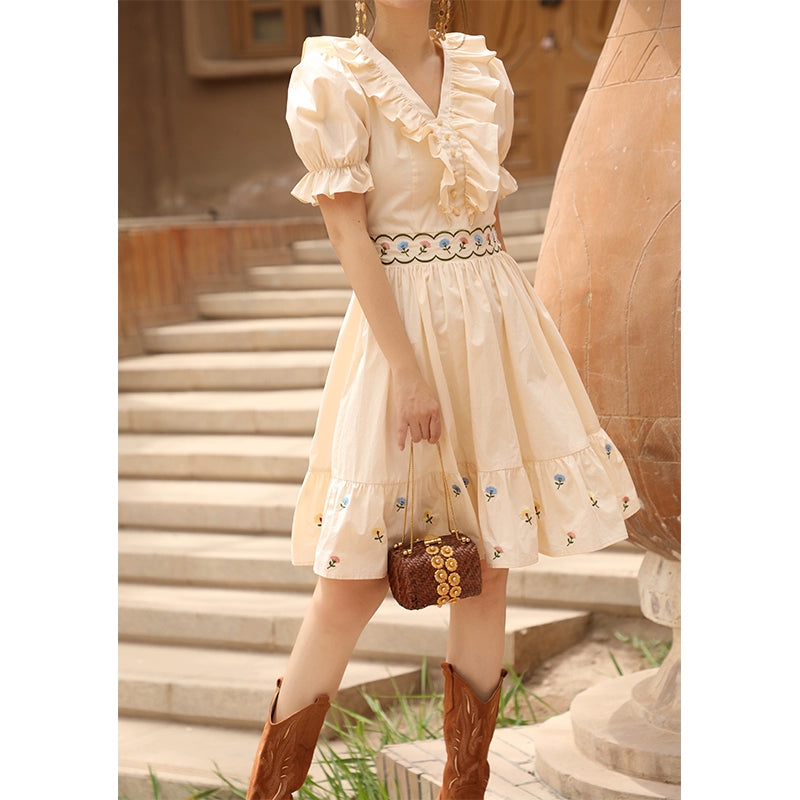 Summer Cotton Embroidery V-Neck Dress