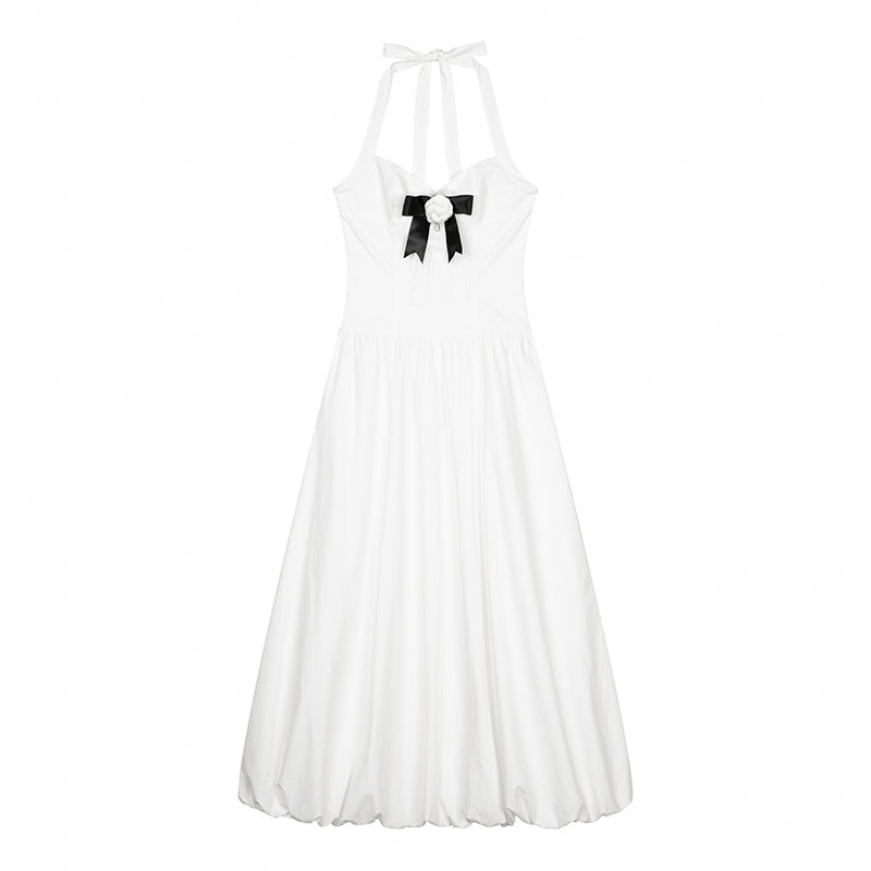 White Bow Flower Bud Long Dress