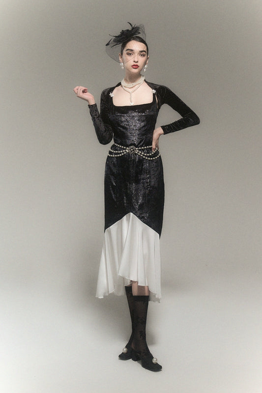 Black Velvet Shawl Strap French Dress