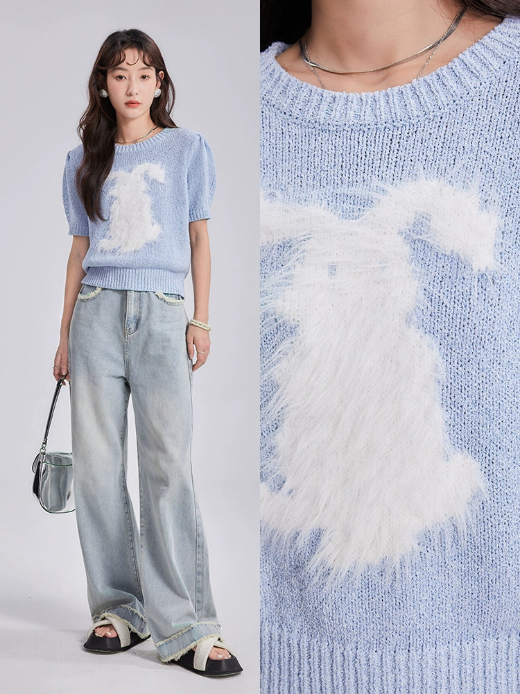 Milk Fierce Little Rabbit, Milk Blue Dropped Ear Rabbit, Imitation Mink Hair Round Neck, Short Sleeve Knitted T-shirt