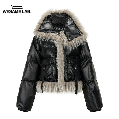 Hiver noir Eco Friendly Cuir chaud Lightweight Short Fur Pocket Up Up Collar Down Coat Femmes