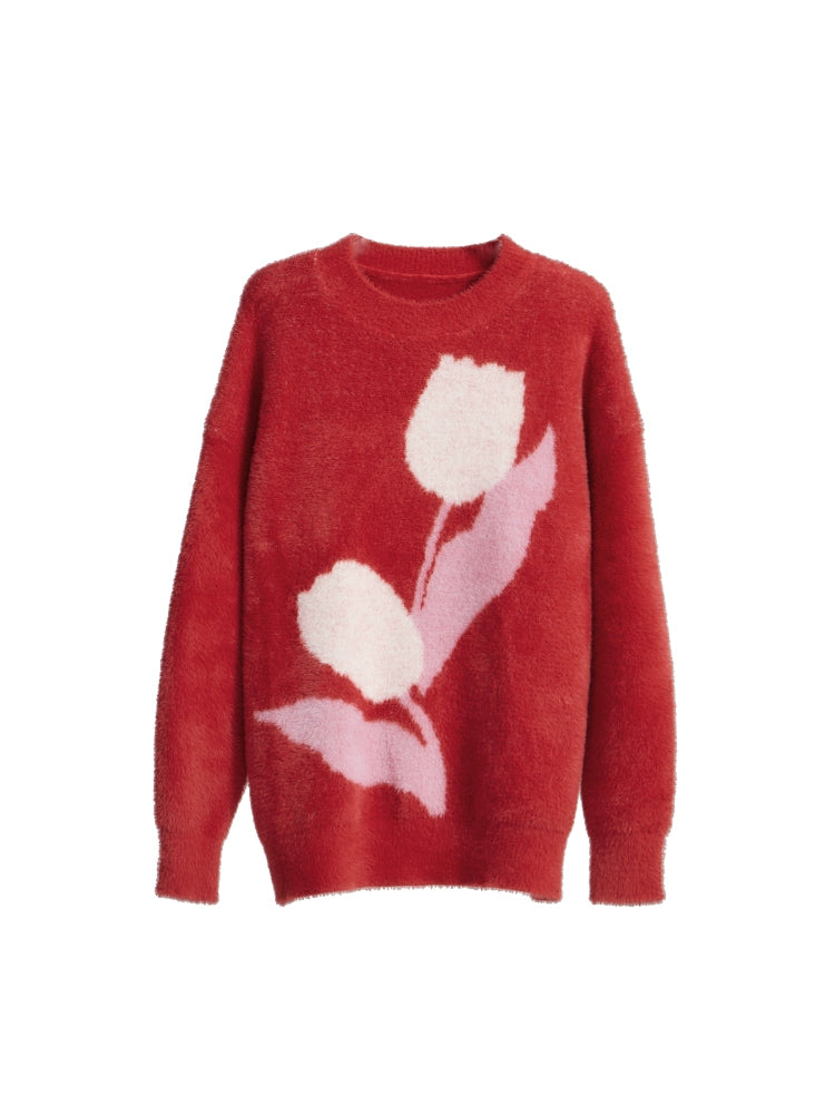 Original and niche design with ears, passionate love for tulips, lazy style, contrasting color wool woven round neck pullover sweater