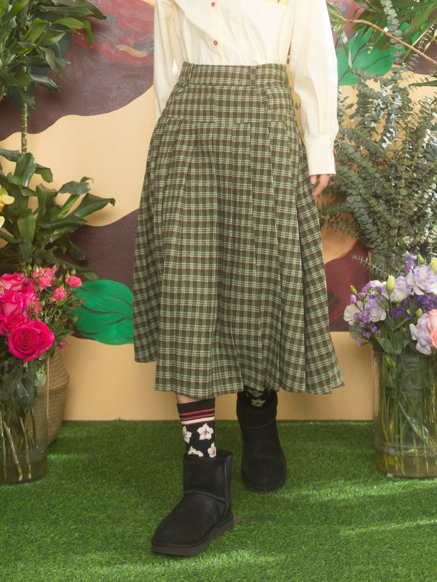 Yellow Green Plaid Mid-Length Pleated Skirt