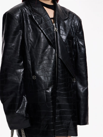 High-End Silhouette - Crocodile Print PU Leather Suit