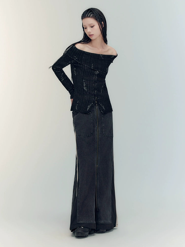 Yuan Knitted Shirt & Denim Skirt Set