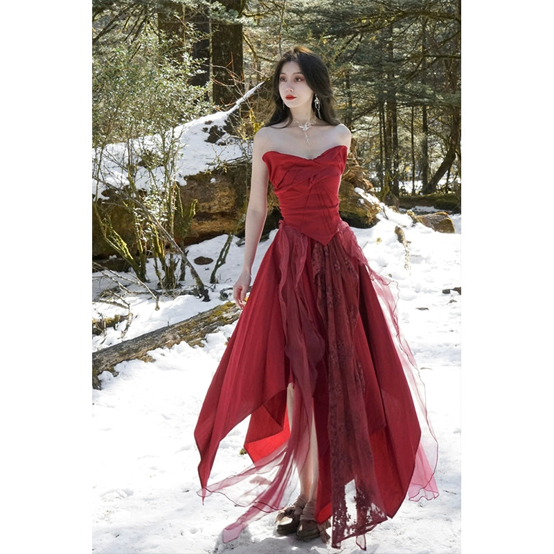 Red Silk Butterfly Skirt Set: Spring/Summer